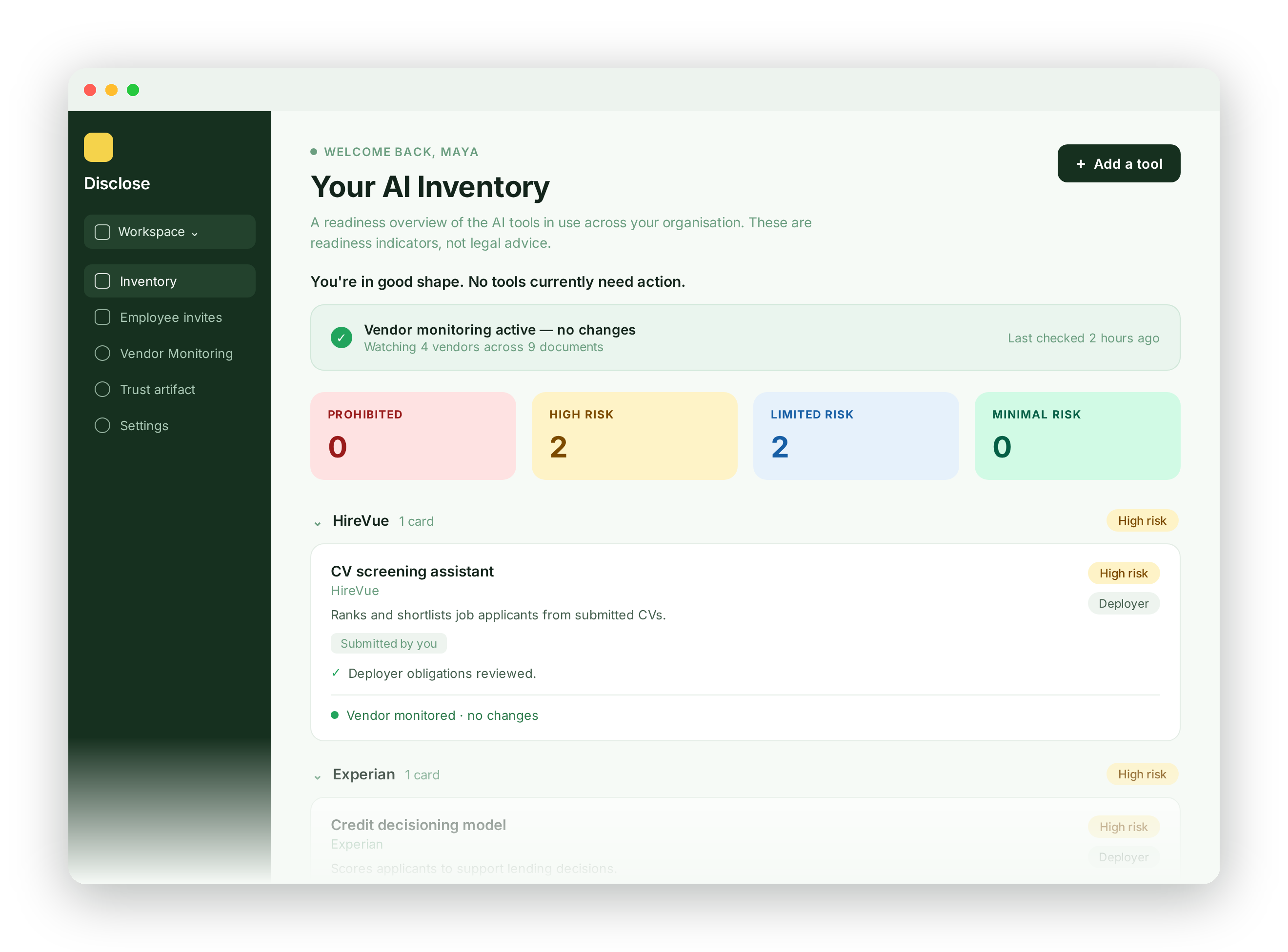 The Disclose dashboard showing an AI inventory with two high-risk tools, two limited-risk tools and four vendors actively monitored.